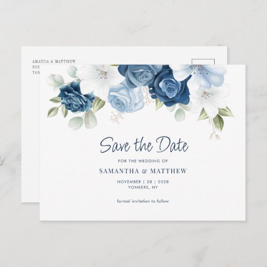 Floral Dusty Blue Wedding Save the Date Postkarte (Vorne/Hinten)