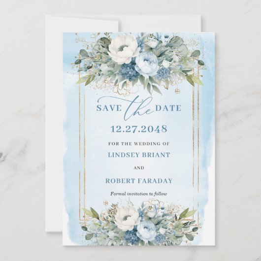 Floral Dusty Blue White Gold Blume Save the Date Einladung (Vorderseite)
