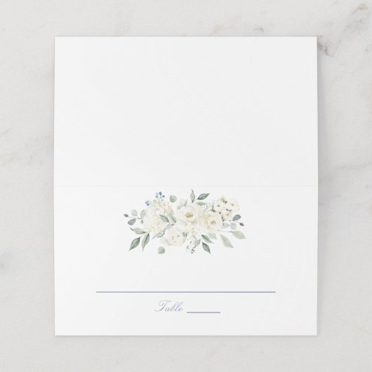Floral Dusty Blue White Greenery Elegant Wedding Platzkarte (Außenseite Aufgefaltet)