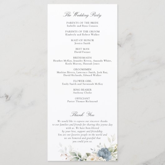 Floral Dusty Blue White Greenery Wedding Program Programm (Rückseite)