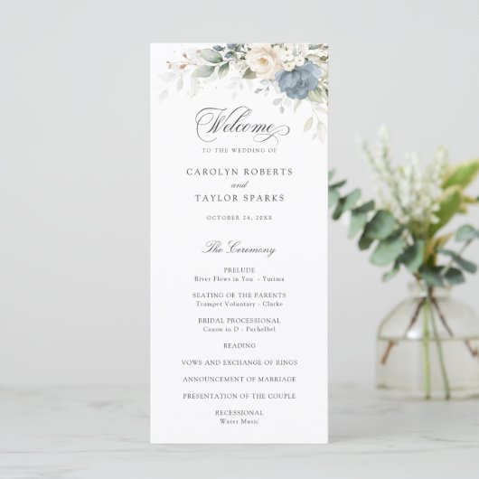 Floral Dusty Blue White Greenery Wedding Program Programm (Stehend Vorderseite)