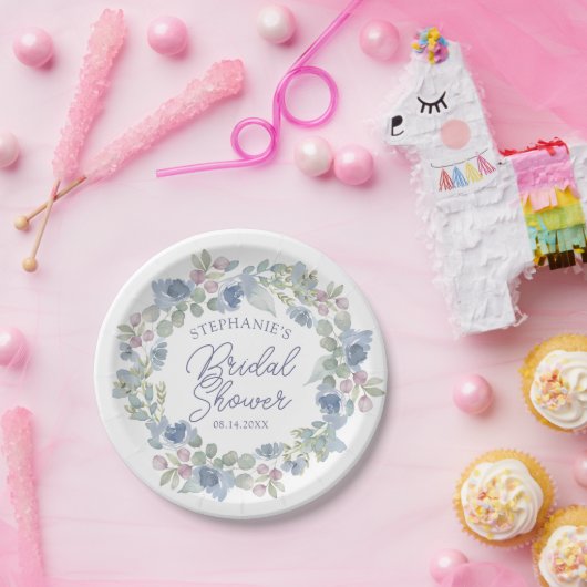 Floral Dusty Blue Wreath Bridal Shower Pappteller (Party)