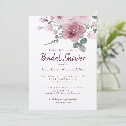 Floral Dusty Pink Rose Burgundy Brautparty Einladung (Stehend Vorderseite)