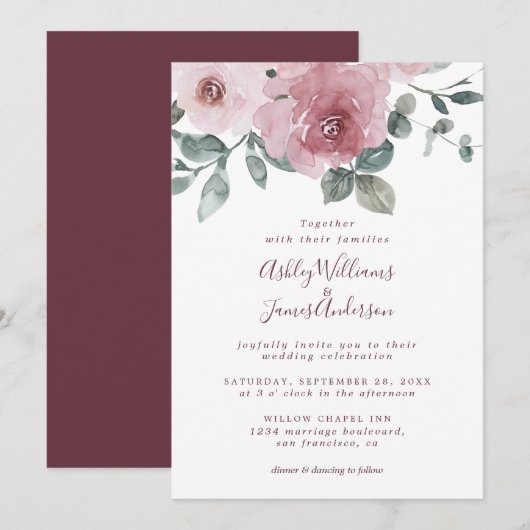 Floral Dusty Pink Rose Burgundy Einladung Hochzeit (Vorne/Hinten)