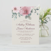 Floral Dusty Pink Rose Burgundy Einladung Hochzeit (Stehend Vorderseite)
