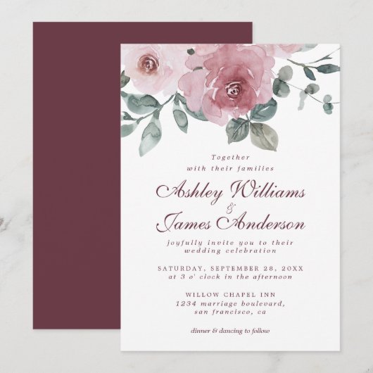Floral Dusty Pink Rose Burgundy Einladung Hochzeit (Vorne/Hinten)