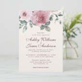 Floral Dusty Pink Rose Burgundy Elvory Wedding Einladung (Stehend Vorderseite)