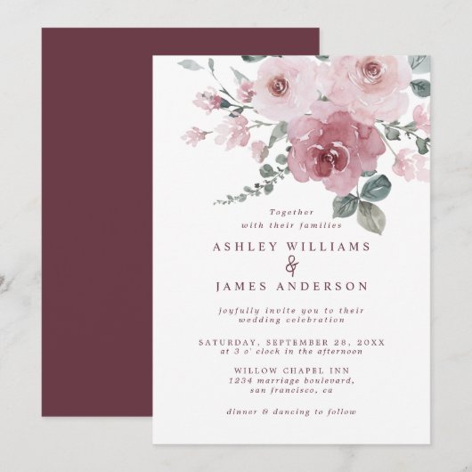 Floral Dusty Pink Rose Burgundy Wedding Einladung (Vorne/Hinten)