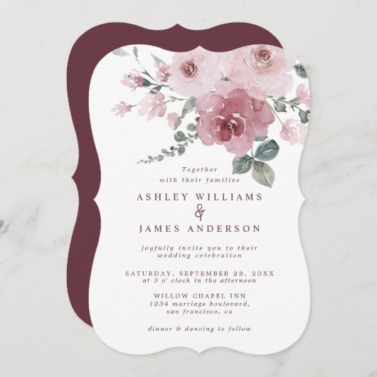Floral Dusty Pink Rose Burgundy Wedding Einladung (Vorne/Hinten)