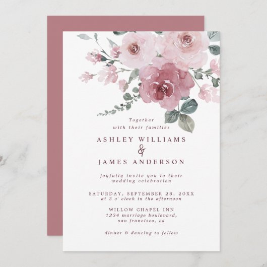 Floral Dusty Pink Rose Burgundy Wedding Einladung (Vorne/Hinten)