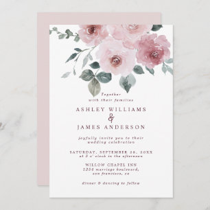Floral Dusty Pink Rose Burgundy Wedding Einladung