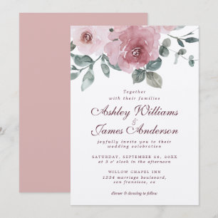 Floral Dusty Pink Rose Burgundy Wedding Einladung