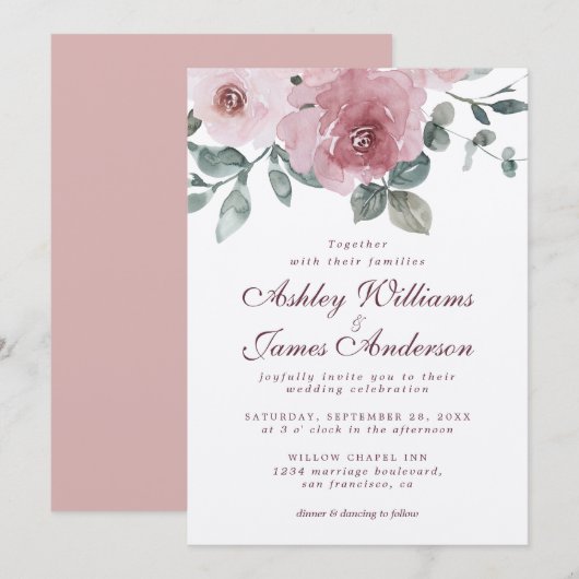 Floral Dusty Pink Rose Burgundy Wedding Einladung (Vorne/Hinten)