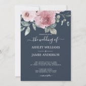 Floral Dusty Pink Rose Dark Blue Wedding Einladung (Vorderseite)