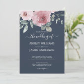 Floral Dusty Pink Rose Dark Blue Wedding Einladung (Stehend Vorderseite)