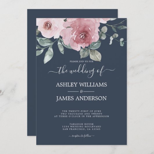 Floral Dusty Pink Rose Dark Blue Wedding Einladung (Vorne/Hinten)
