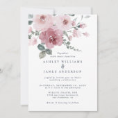 Floral Dusty Pink Rose Dark Blue Wedding Einladung (Vorderseite)