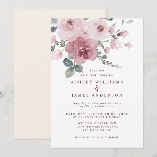 Floral Dusty Pink Rose Elfenbeinhochzeit Einladung (Vorne/Hinten)