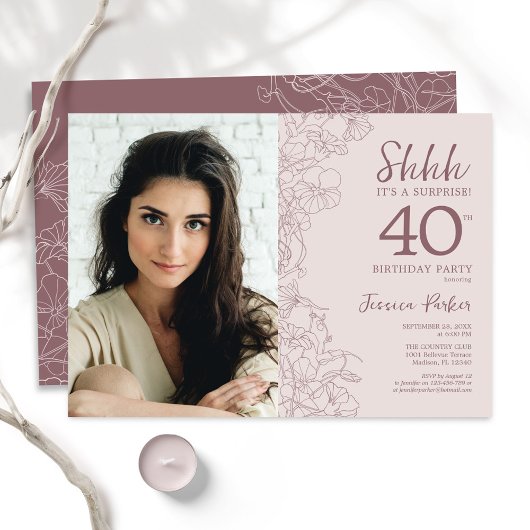Floral Dusty Pink Überraschung Foto 40. Geburtstag Einladung