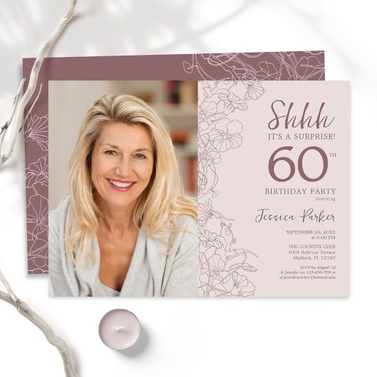 Floral Dusty Pink Überraschung Foto 60. Geburtstag Einladung