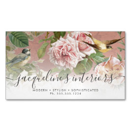 Floral Dusty Pink Vintage Rose Peony Birds Elegant Magnetische Visitenkarte