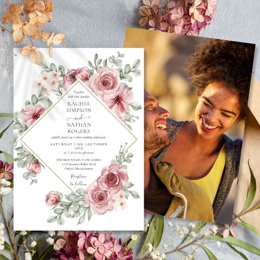 Floral Dusty Rose Gold Geometric Wedding Foto Einladung