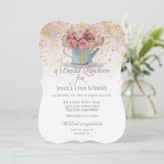 Floral Dusty Rose Gold on White Bridal Luncheon Einladung (Stehend Vorderseite)