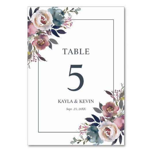 Floral Dusty Rose Mauve Navy Blue Wedding Tischnummer (Vorderseite)