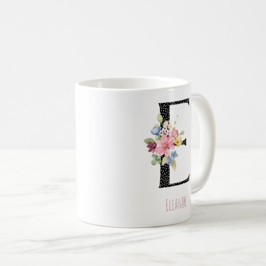 Floral E Monogram Name Black Polka Dot Coffee Mug Kaffeetasse (VorderseiteRechts)