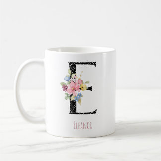 Floral E Monogram Name Black Polka Dot Coffee Mug Kaffeetasse