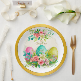 Floral Easter Eggs & Pink Roses Personalized Party Pappteller