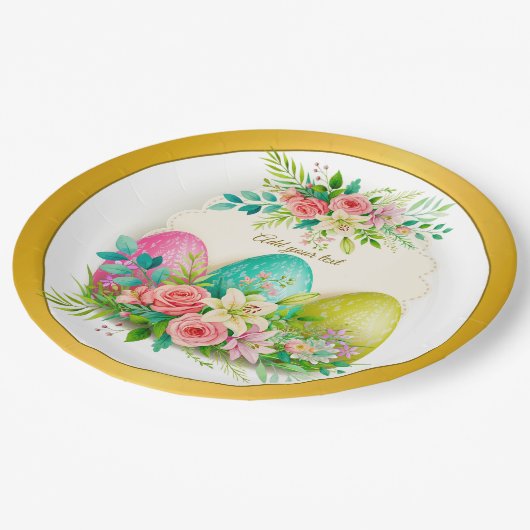 Floral Easter Eggs & Pink Roses Personalized Party Pappteller (Schrägansicht)