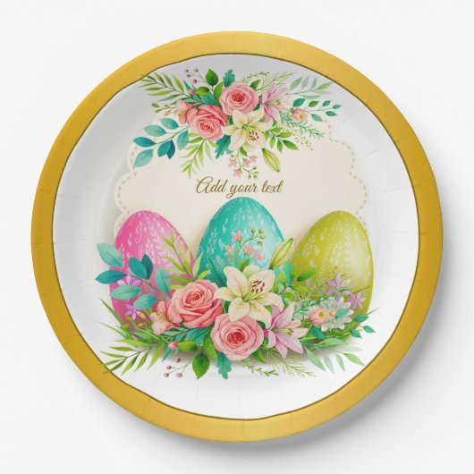 Floral Easter Eggs & Pink Roses Personalized Party Pappteller (Vorderseite)