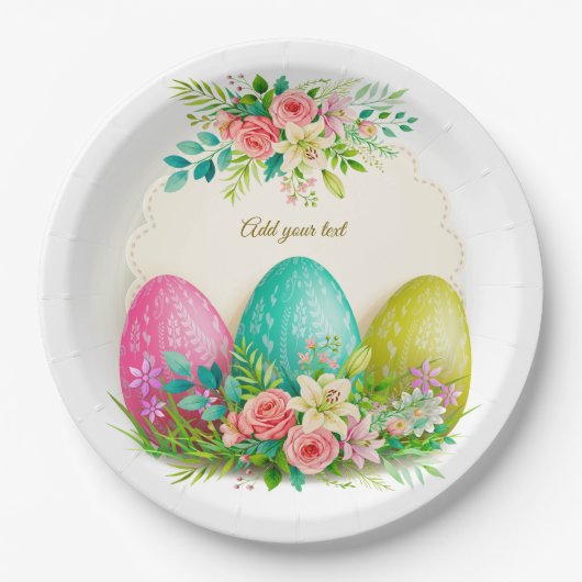 Floral Easter Eggs & Pink Roses Personalized Party Pappteller (Vorderseite)