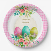 Floral Easter Eggs & Watercolor Pink Roses Pappteller (Vorderseite)