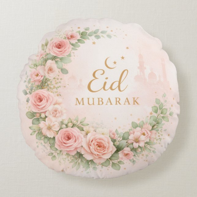 Floral Eid Mubarak – Blush Pink Islamic Gift f Rundes Kissen (Vorderseite)