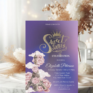 Floral Eiffelturm Violett Sweet 16 Einladung