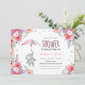 Floral Elefant Einladung Babydusche Mädchen Rosa (Stehend Vorderseite)