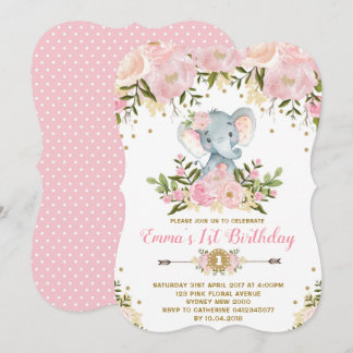 Floral Elefant Geburtstag Einladung Pink & Gold