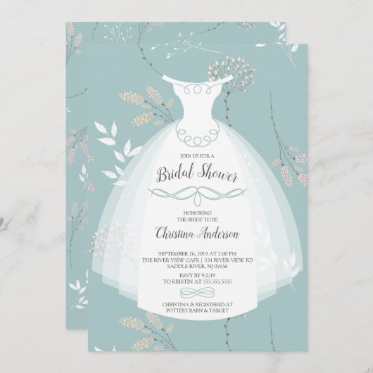 Floral Elegance Bride Gown Brautparty Einladung (Vorne/Hinten)