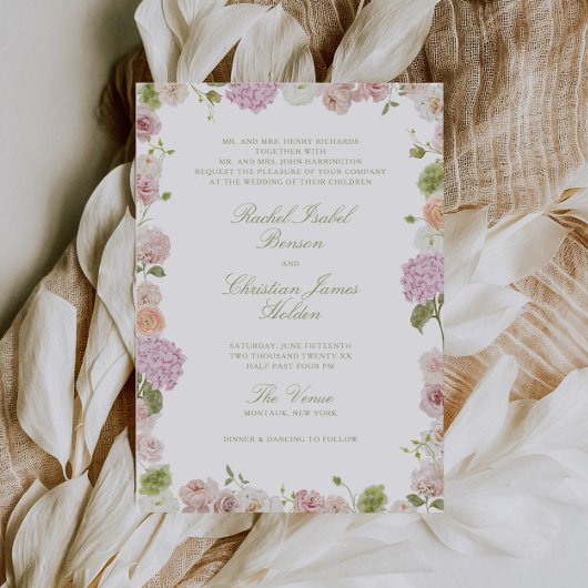 Floral Elegance Pink Green Frame Wedding Einladung