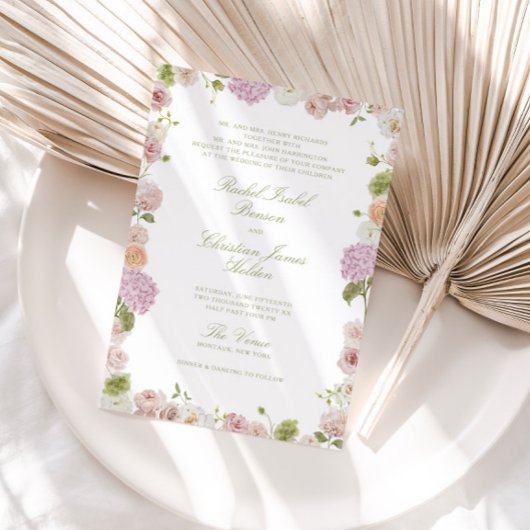 Floral Elegance Pink Green Frame Wedding Einladung