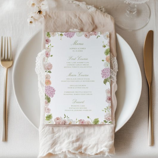 Floral Elegance Pink Green Frame Wedding Menükarte