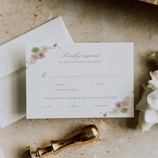 Floral Elegance Pink Green Wedding RSVP Karte