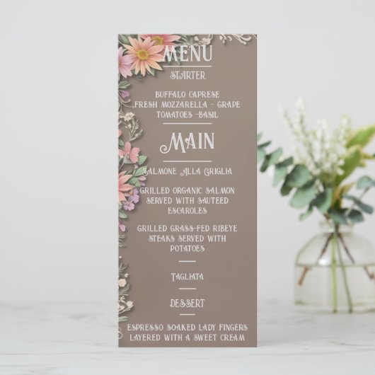 Floral Elegance Wedding Menu Menükarte (Stehend Vorderseite)