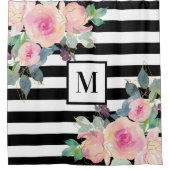Floral Eleganstreifen Monogramm Pink Schwarz-weiß Duschvorhang (Vorderseite)