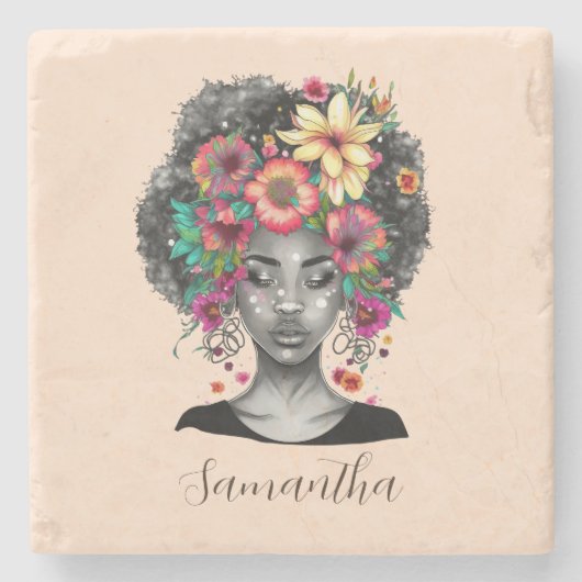 Floral Elegant Afro Frau Steinuntersetzer (Vorderseite)