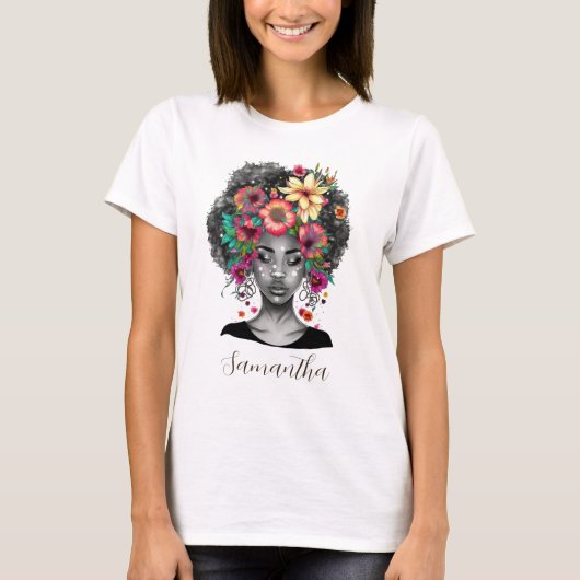 Floral Elegant Afro Frau T-Shirt (Vorderseite)