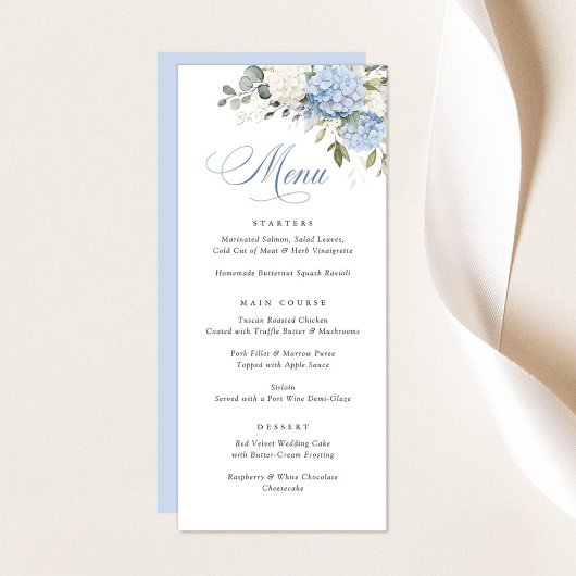 Floral Elegant Blue White Hydrangea Wedding Menu Menükarte