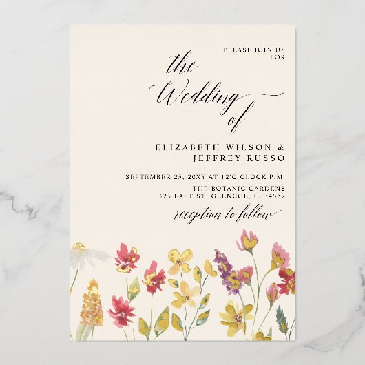 Floral Elegant Boho Summer Wildblumen Hochzeit Folieneinladung (Vorderseite)